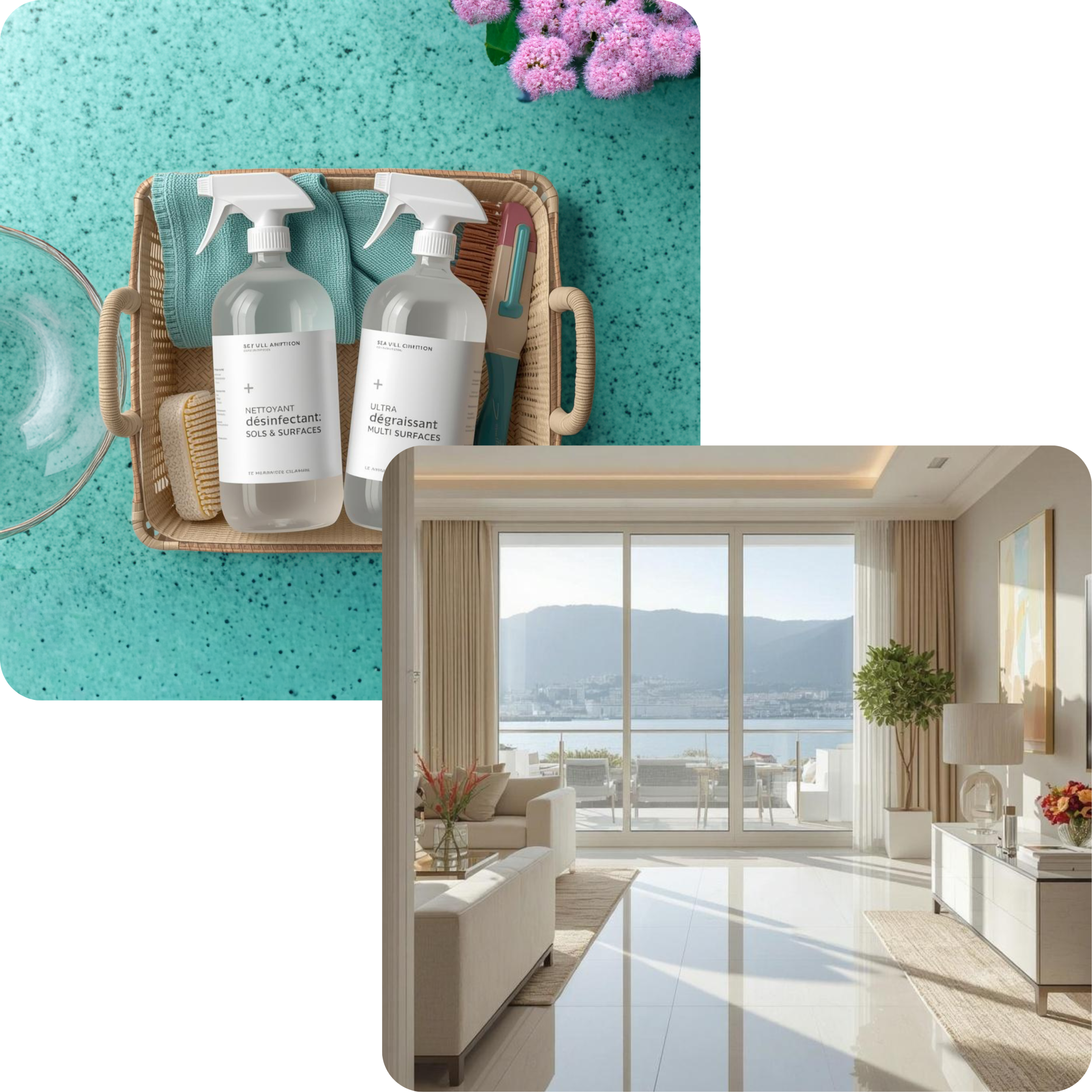 Organized cleaning products in a basket placed on the counter in a kitchen and an open space, bright and clean living-room representing a cleaning company in Geneva