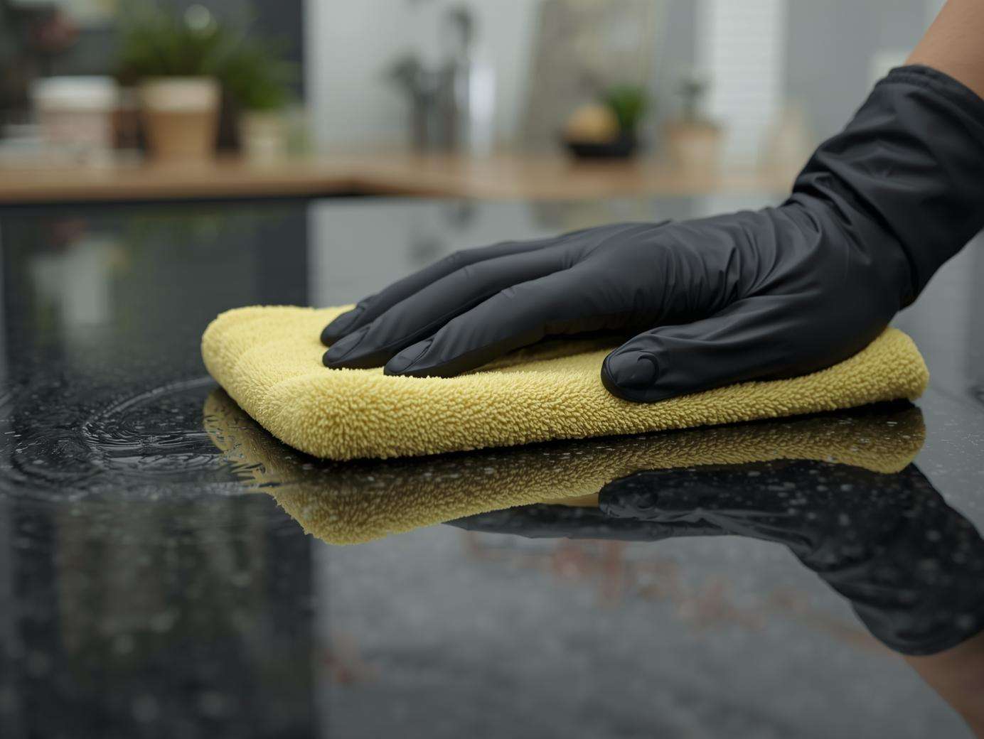 Nettoyage d'un plan du travail noire dans une cuisine de lux in Anières
